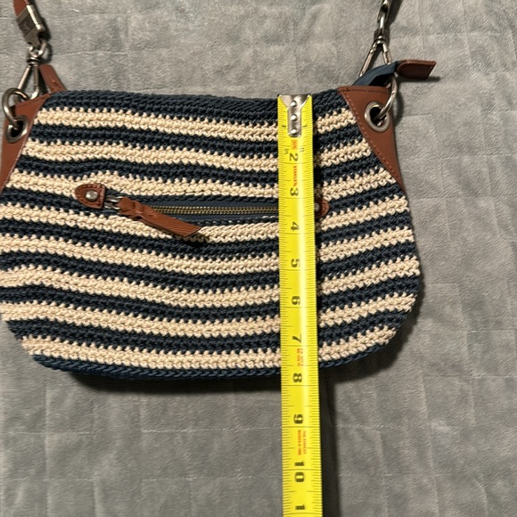 The Sak Crochet Purse, Navy Blue, White Striped, Brown, Zipper, Shoulder, Boho - Picture 8 of 11
